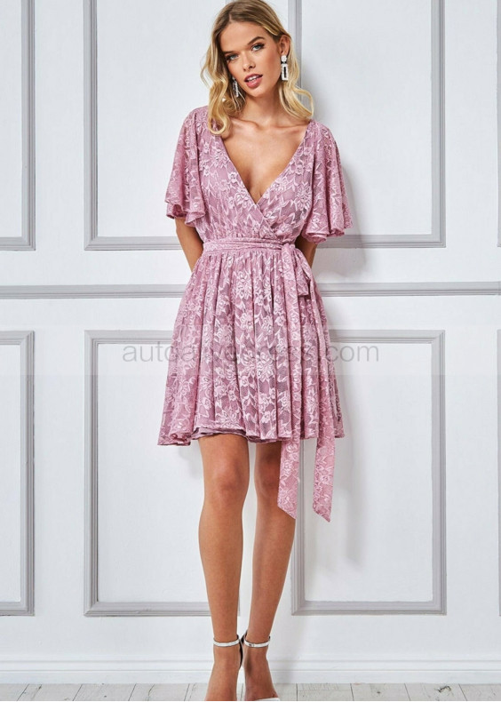 Flutter Sleeves Mauve Lace Wrap Mini Party Dress